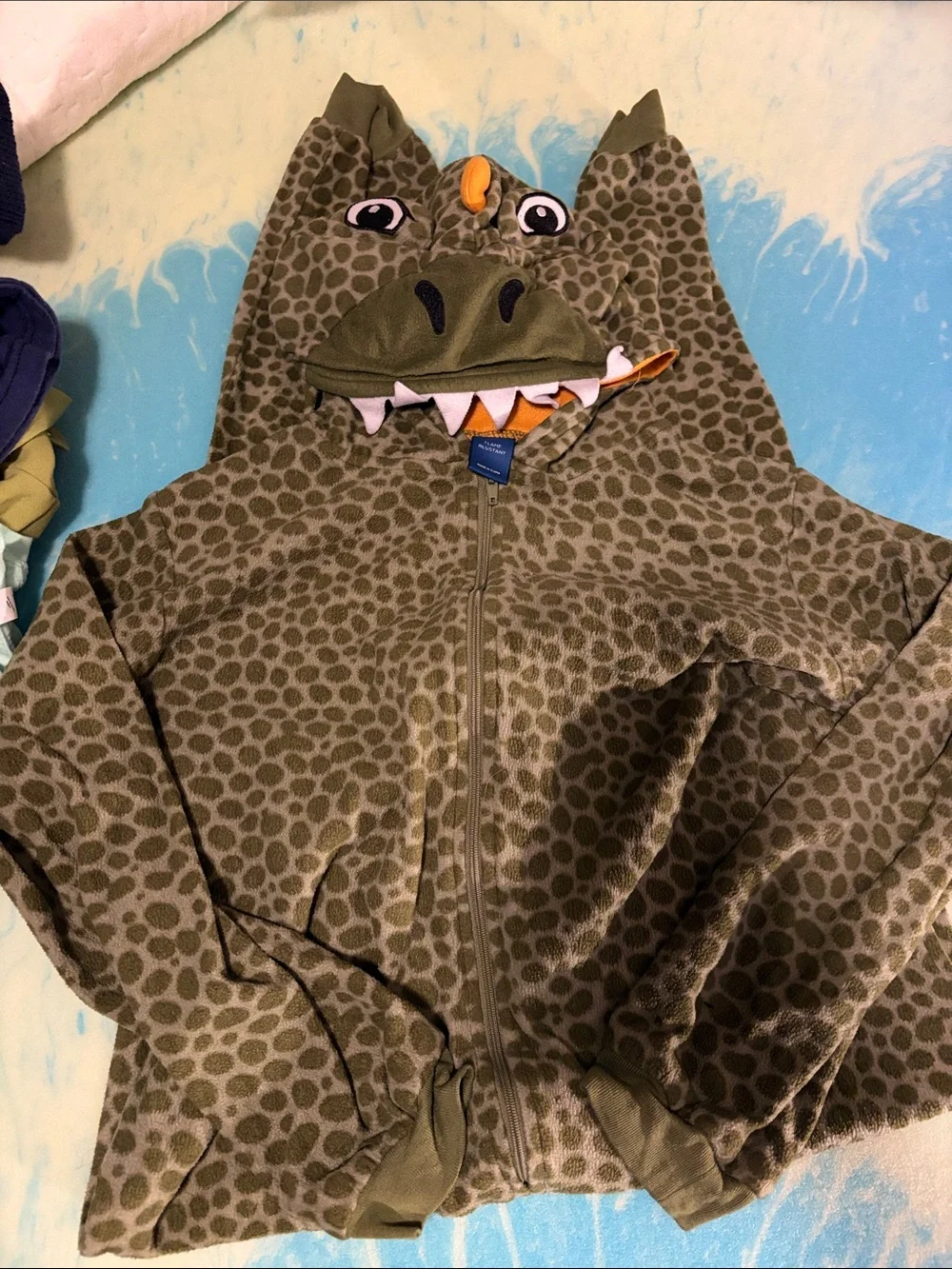 Kids Olive Green Dinosaur Hooded Onesie - Medium